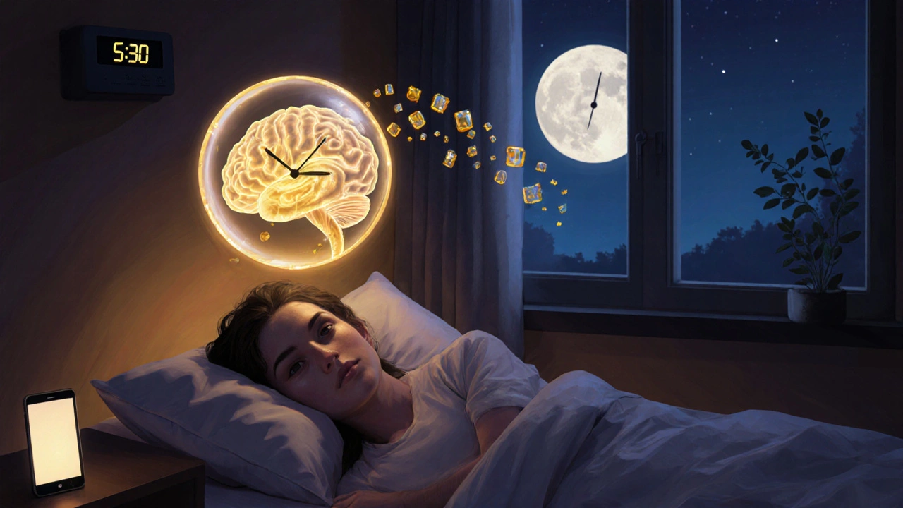 Člověk spí, zatímco mozek čistí toxiny — hodiny ukazují malý spánek.