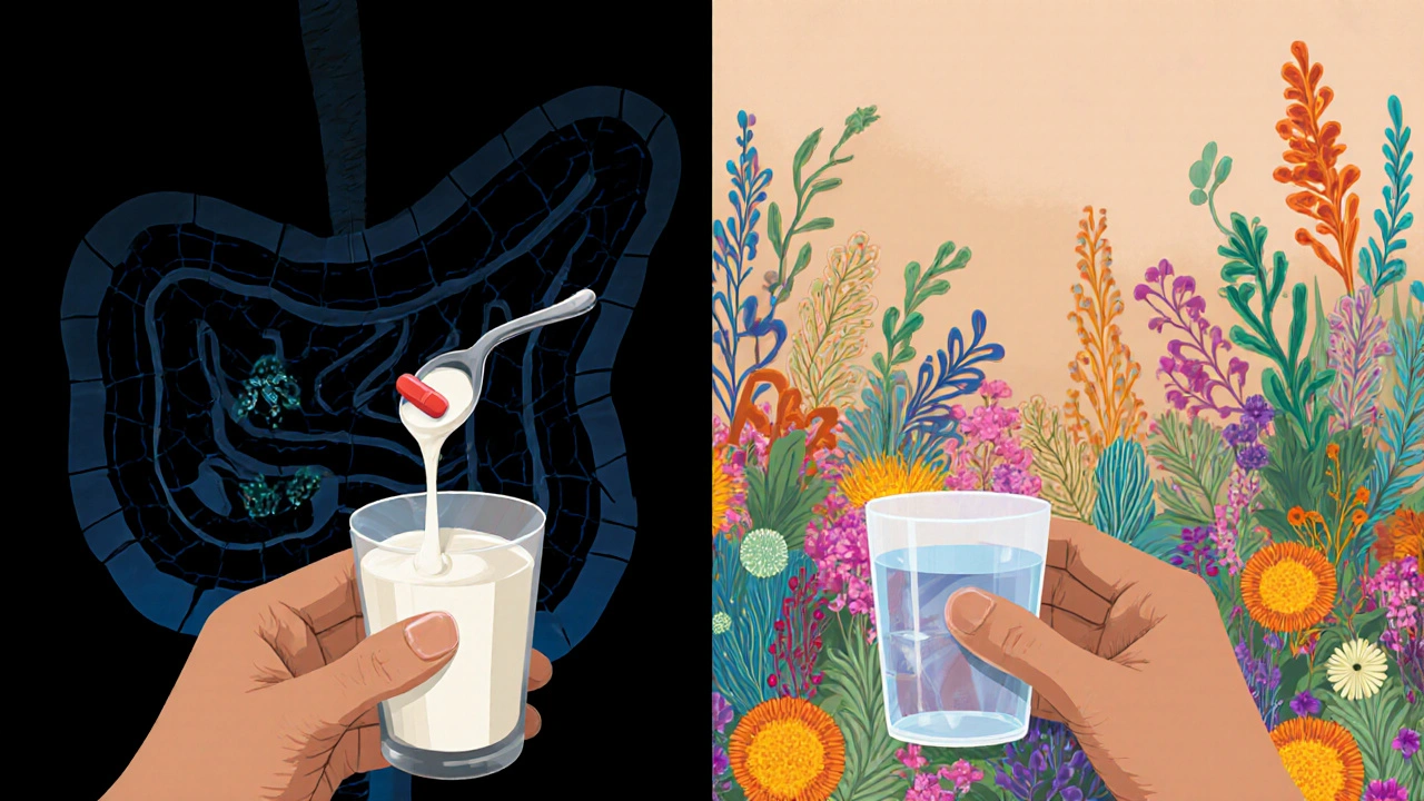 Člověk užívá antibiotikum, zatímco jeho tělo obnovuje střevní mikroflóru – na jedné straně zánik, na druhé růst živých bakterií.