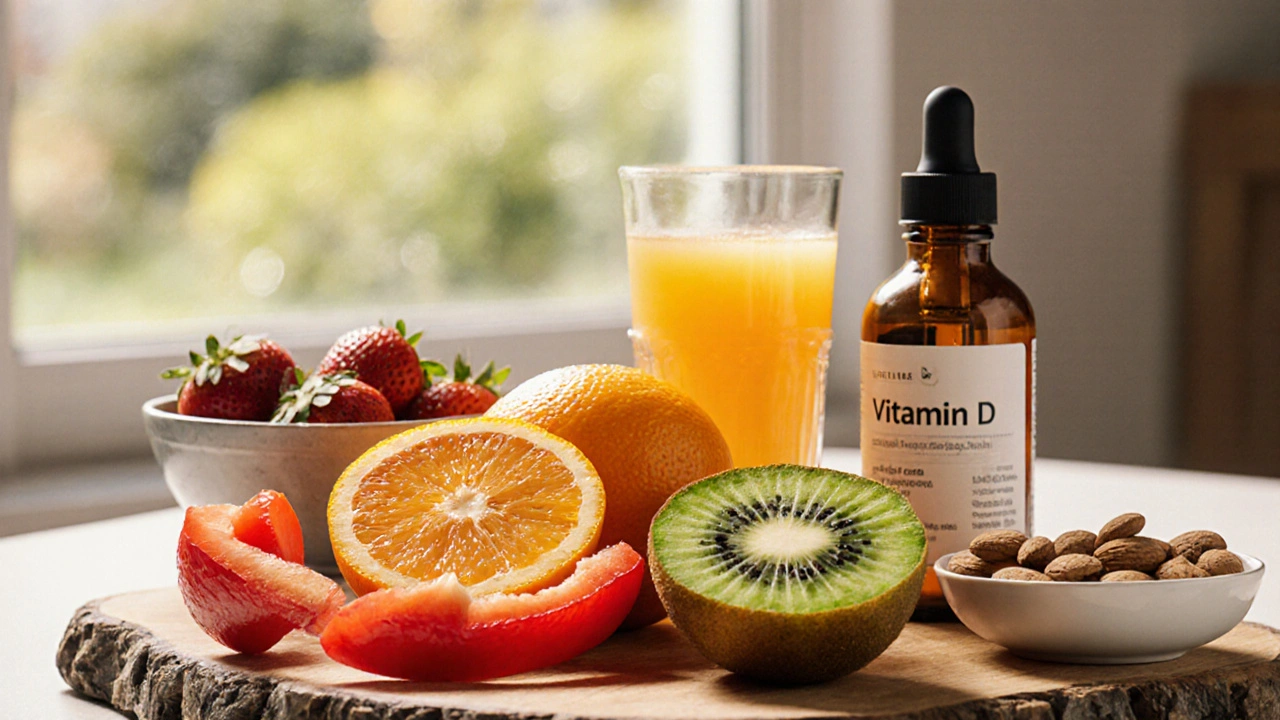 Fotorealistický stůl s pomerančem, kiwi, paprikou, jahodami a lahví vitamínu D.
