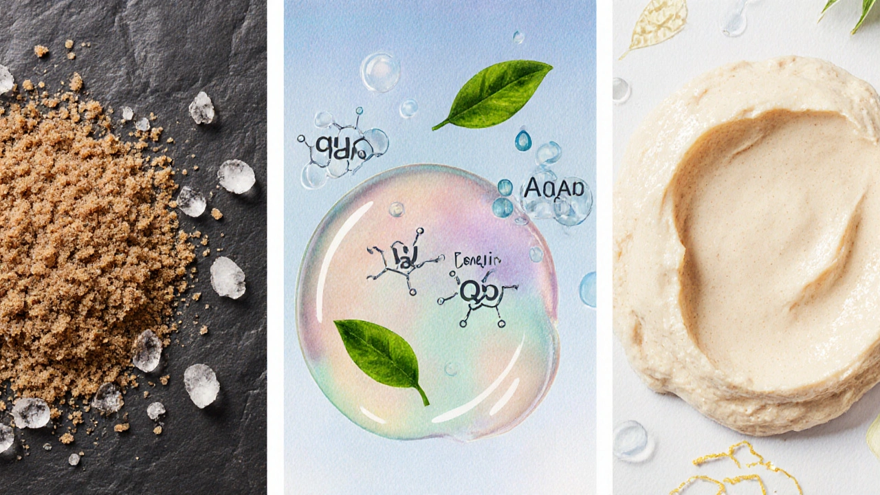 Ilustrace tří typů gommage: mechanický s krystaly, chemický gel s AHA, enzymatický pastou.