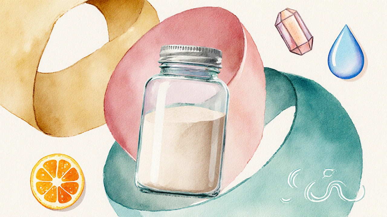 Ilustrace tří typů kolagenu splynujících do láhev s doplňky vitamínu C, glukosaminu, chondroitinu a hyaluronanu.