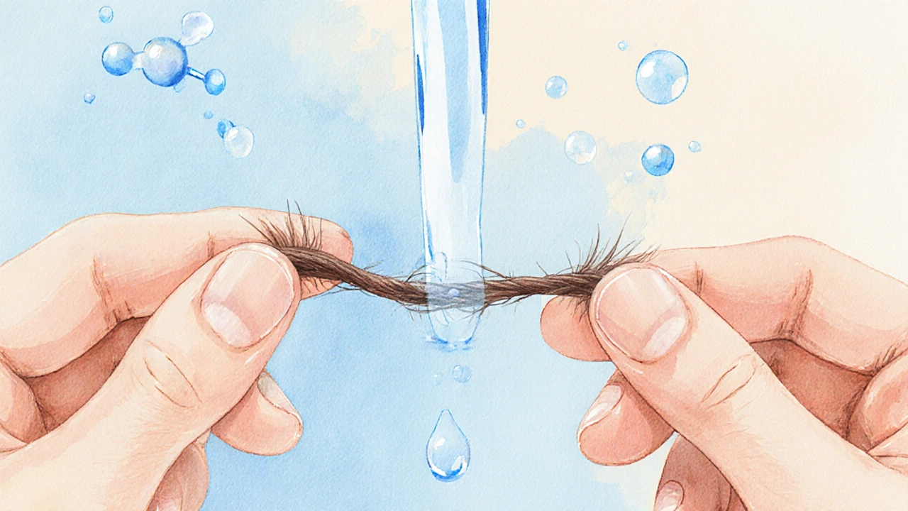 Jeden vlásek napínán mezi prsty, kde se pravděpodobně přetrhne, zatímco voda vstupuje.