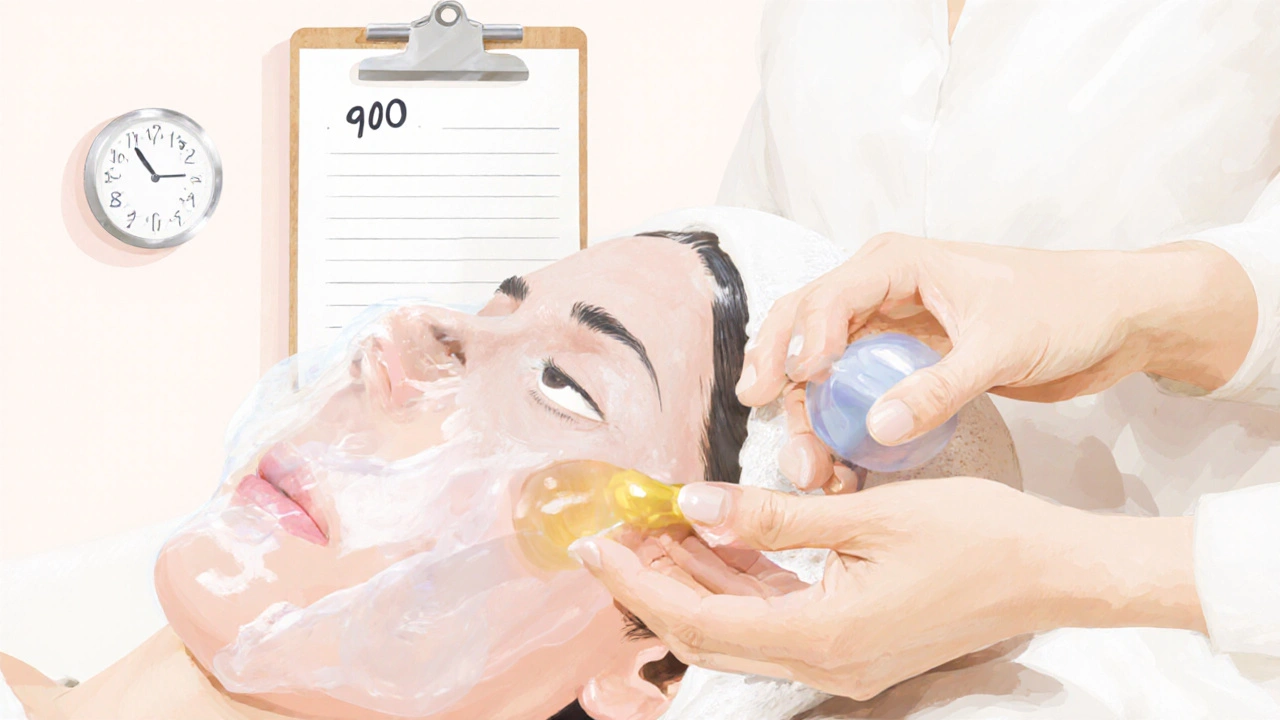 Kosmetička provádí vícekrokové čištění pleti s ultrazvukovým zařízením.