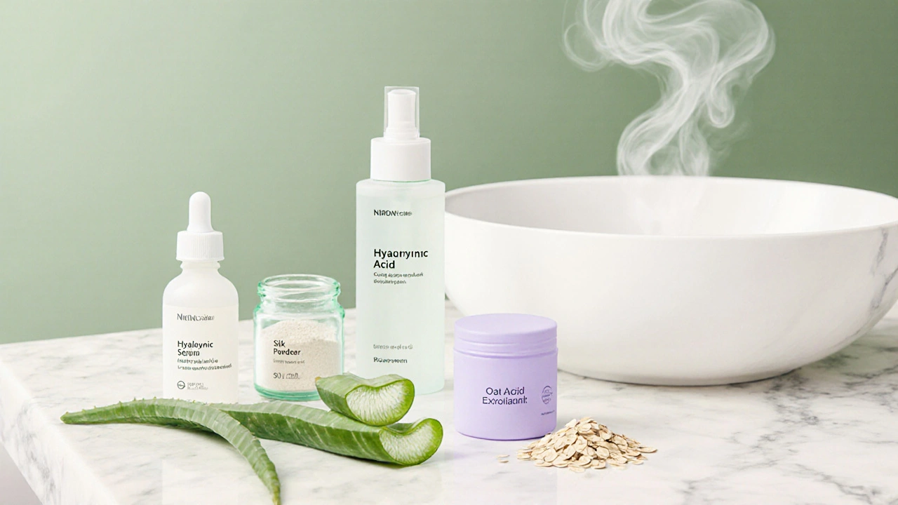 Krásná sestava péče: list aloe, sérum s kyselinou hyaluronovou, hedvábné pudro a jemný peeling.