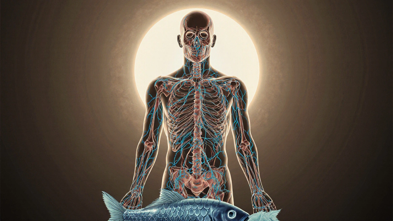 Lidský silueta s vnitřními strukturami tvořenými kolagenem z rybích šupin.