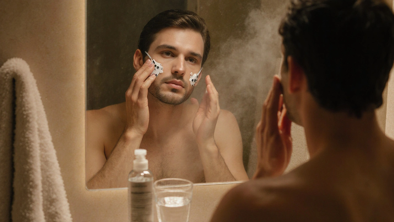 Osoba aplikující gommage v teplém koupelnovém světle, pokožka září.