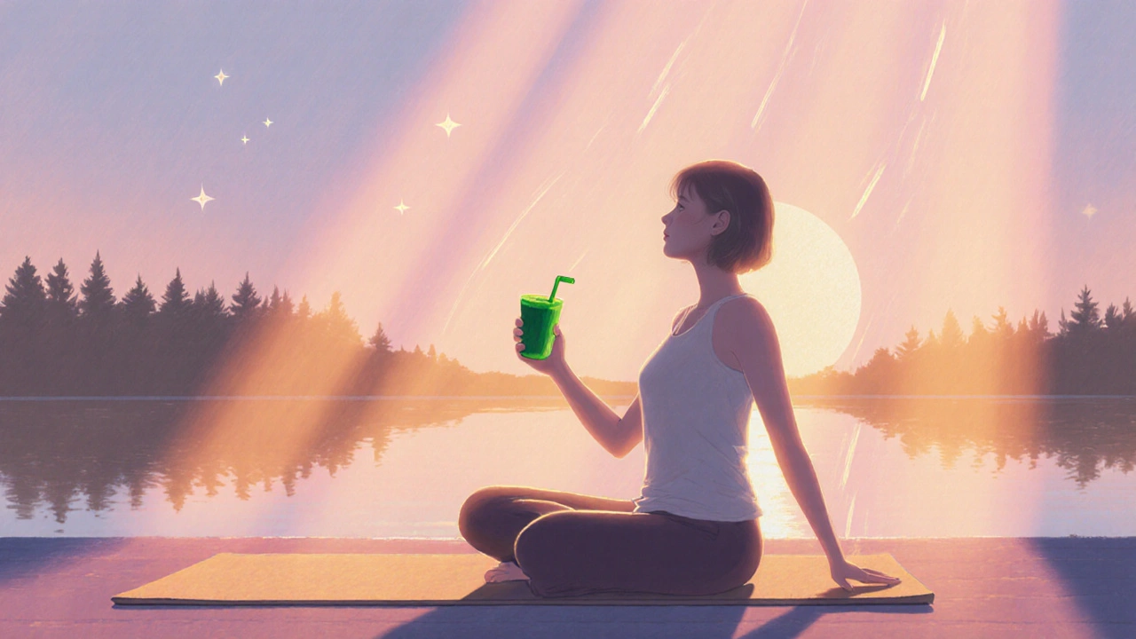 Relaxující osoba na jóge s ovocným smoothie při východu slunce.