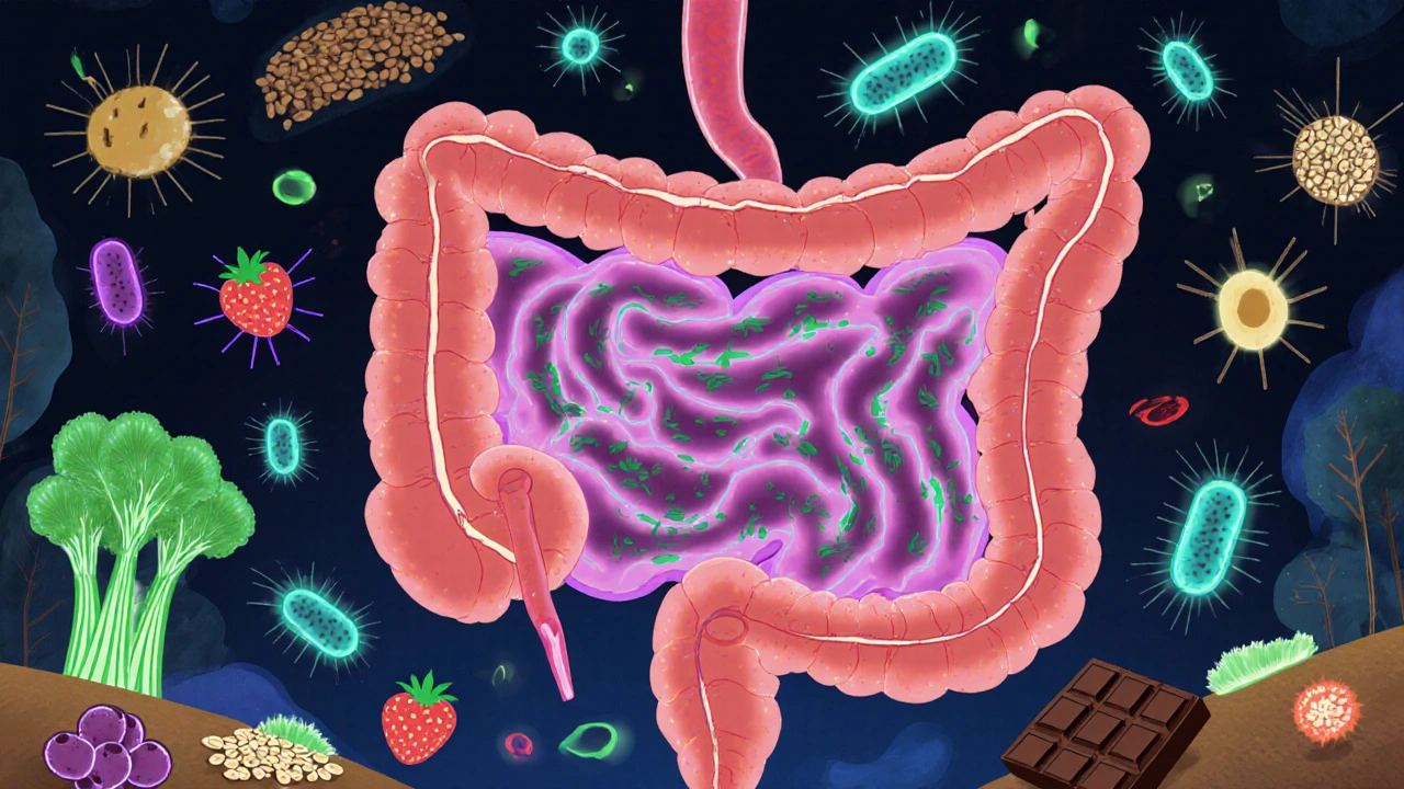 Vnitřní obraz střev s živými prospěšnými bakteriemi a prebiotickými vlákninami, které podporují zdravou mikroflóru.