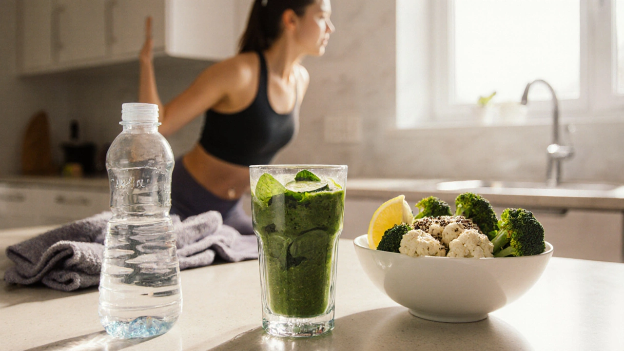 Zelený smoothie a vláknitá jídla na kuchyňské lince, žena cvičí jógu v jasném světle.