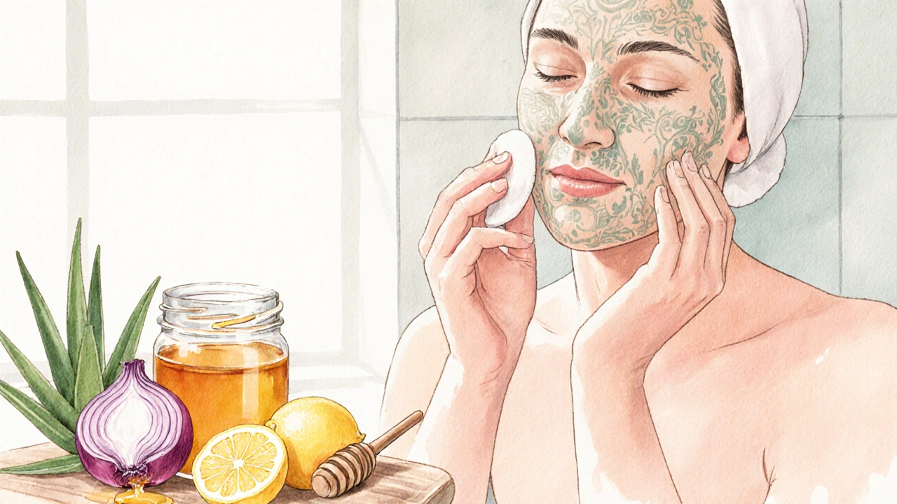 Žena v koupelně nanáší masku z cibulové šťávy, medu a citronu na tvář.