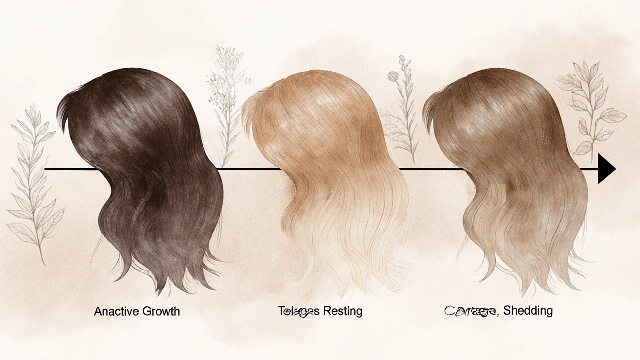 Abstraktní ilustrace tří fází růstu vlasů: růst, klid a pád.