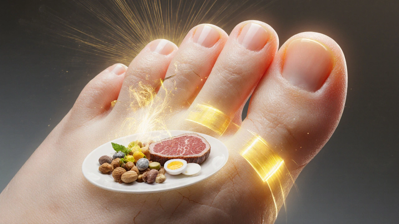 Abstraktní znázornění výživy pro zdravé nehty: biotin, zinek a železo proudí do nehtů.