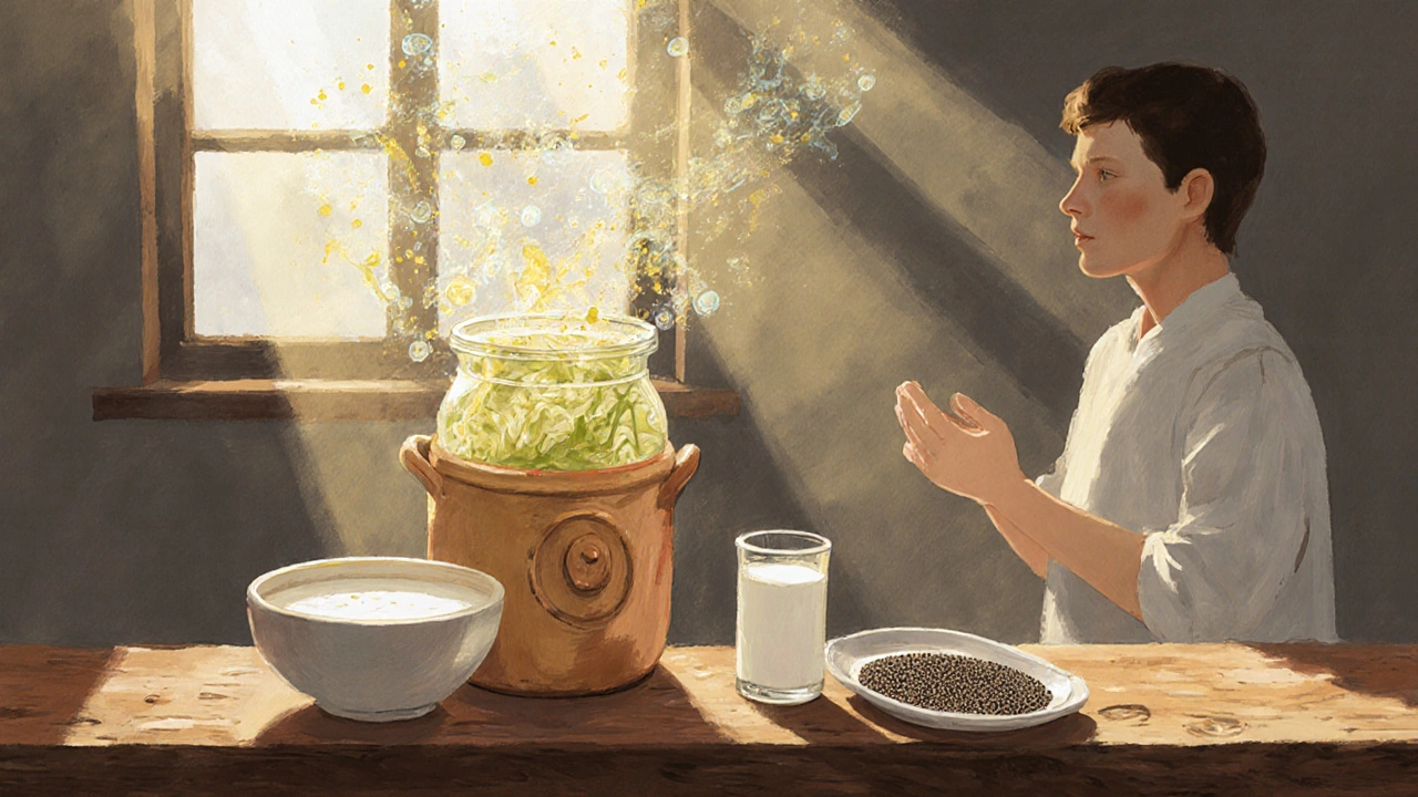 Česká kvasná nádoba se zelím, kefírem a semínky na dřevěném stole za slunečního světla.