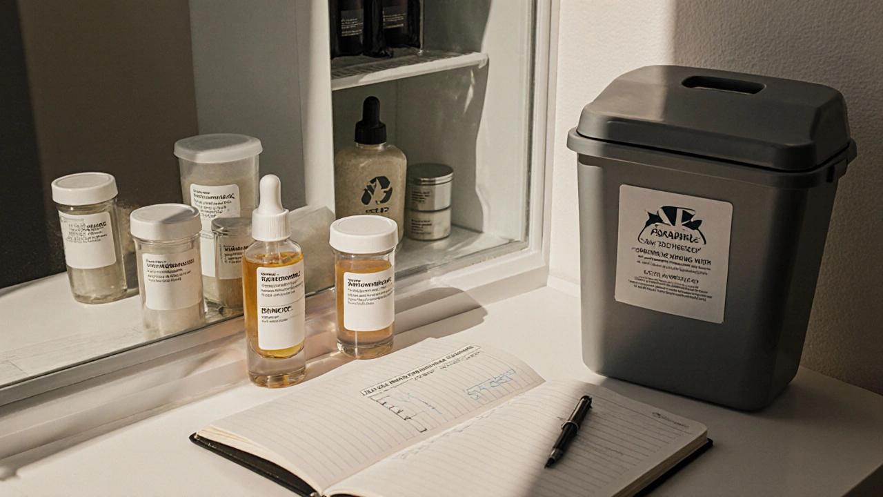 Čistá pultová plocha s označenými kosmetickými produktami, ledničkou a recyklačním košem, symbol bezpečného ukládání.