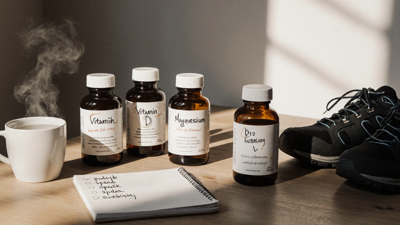 Čtyři doplňky stravy vedle zdravých návyků zapsaných v poznámkách.