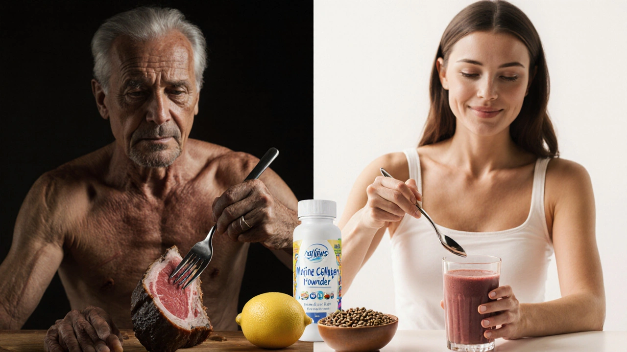 Dvě ruce: jedna drží maso, druhá smoothie s kolagenem, symbolizující výběr zdraví.