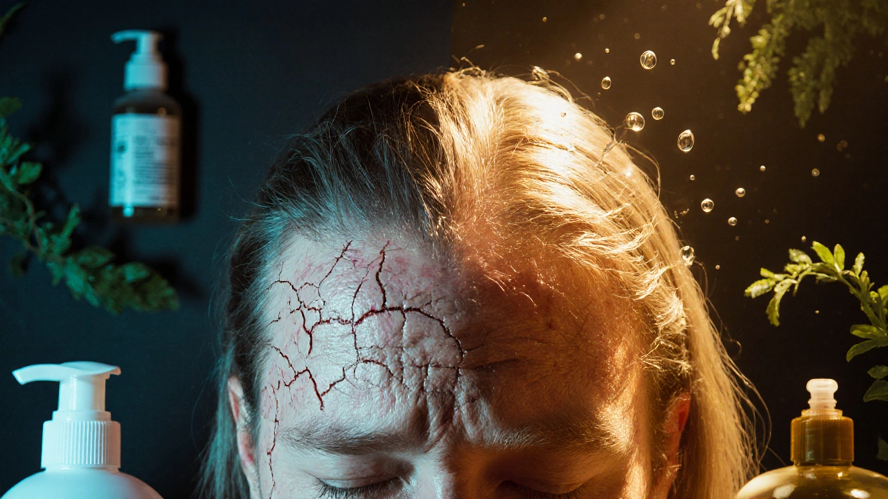 Dvojí pokožka hlavy: poškozená vlevo, zdravá vpravo – kontrast škodlivé a péče.