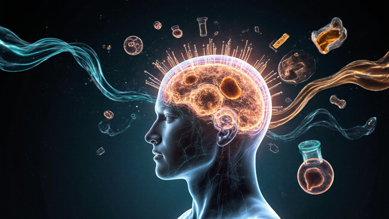 Ilustrace vnitřních procesů v kůži hlavy: folikuly, živiny a hormony jako proudy energie.