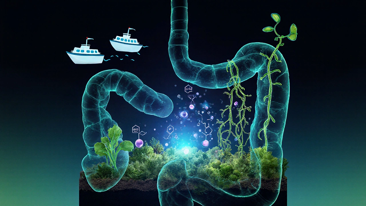 Konceptuální obraz střev s probiotiky jako loděmi a prebiotiky jako vřeteny, spojujícími potravu a zdraví.