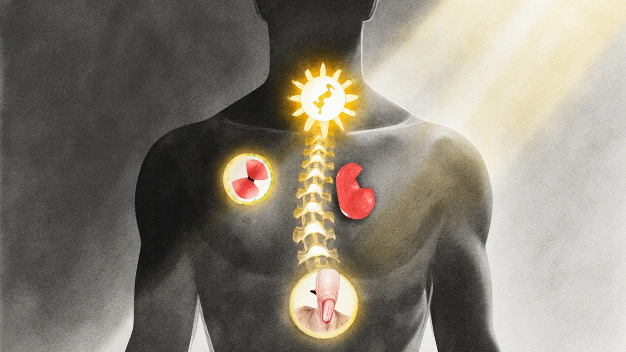 Kontur lidského těla s chybějícími vitamíny jako světlými symboly.
