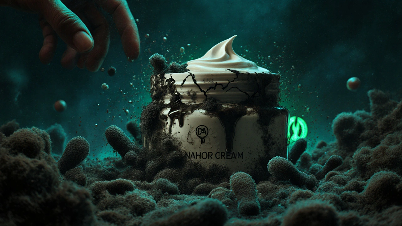 Kosmetický krém se mění v mikrobiální krajINU s plísní a bakteriemi, ruka ho chystá vyhodit.