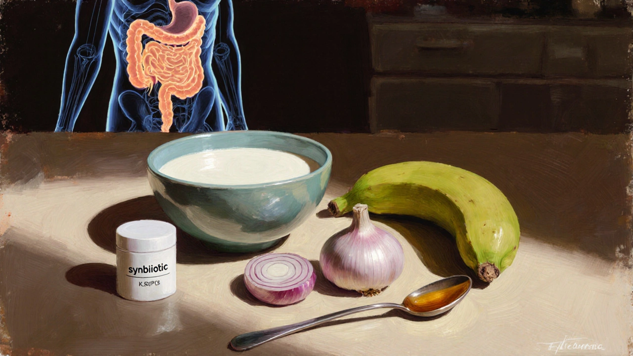 Kuchyňský stolek s přirozenými potravinami: kefírem, česnekem, banánem a medem, symbolizujícími probiotika a prebiotika.