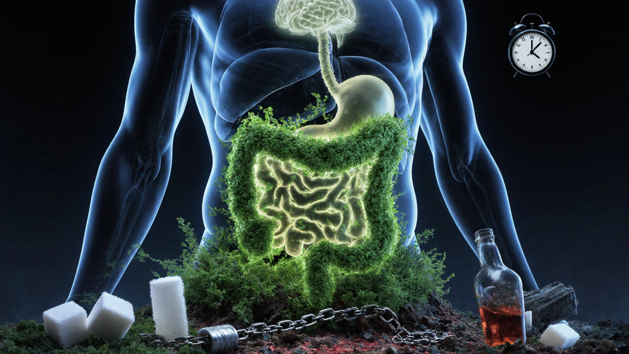 Lidské tělo s průhledným břichem, kde střeva podporují zdravou mikroflóru a rostliny, zatímco škodlivé látky zanikají.