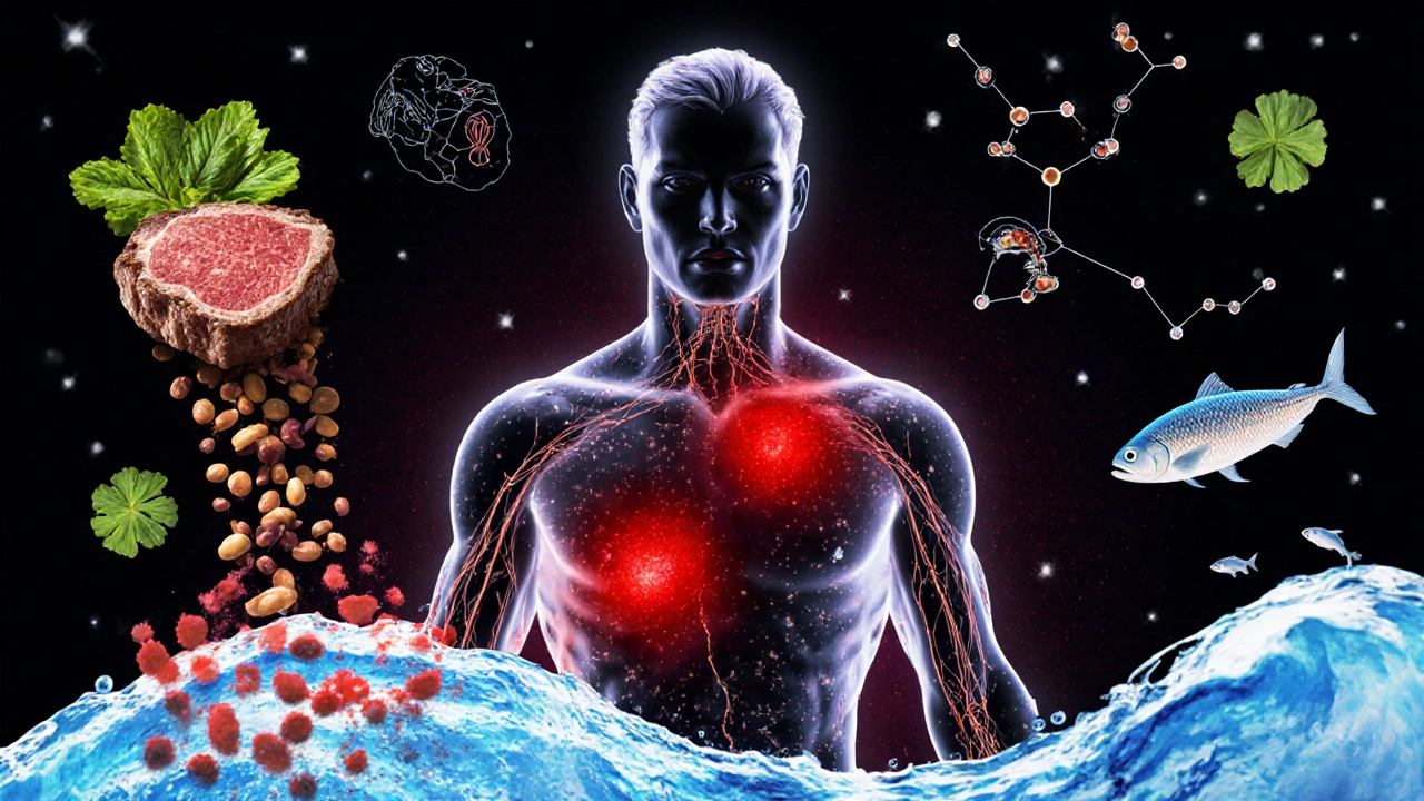 Lidský silueta s kolagenovými vlákny a záněty, napájenými mořským kolagenem.