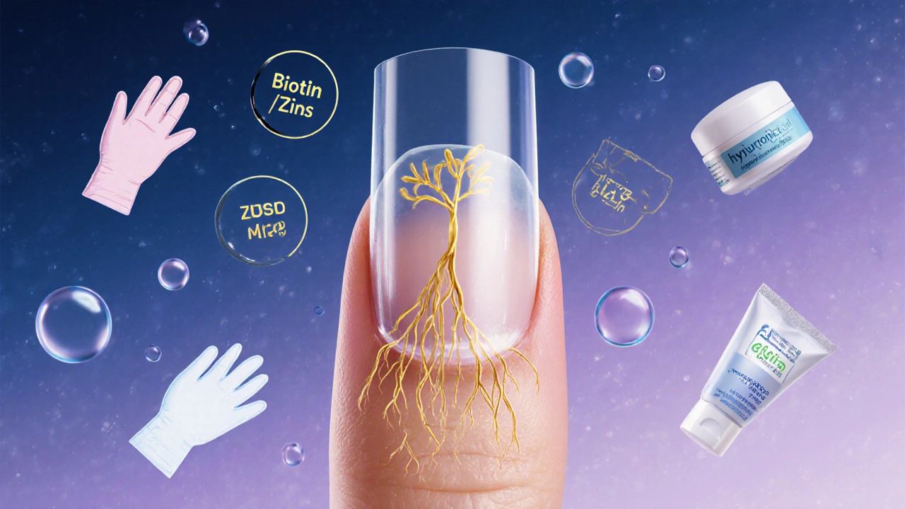 Nový nehet roste pod ochranným krytem, živiny tekou do jeho kořene.