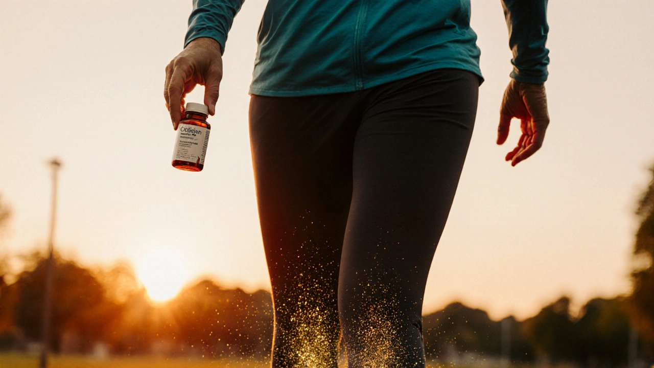 Osoba chodící v parku při západu slunce, s jemnými zlatými částicemi vystupujícími z kolenních kloubů.