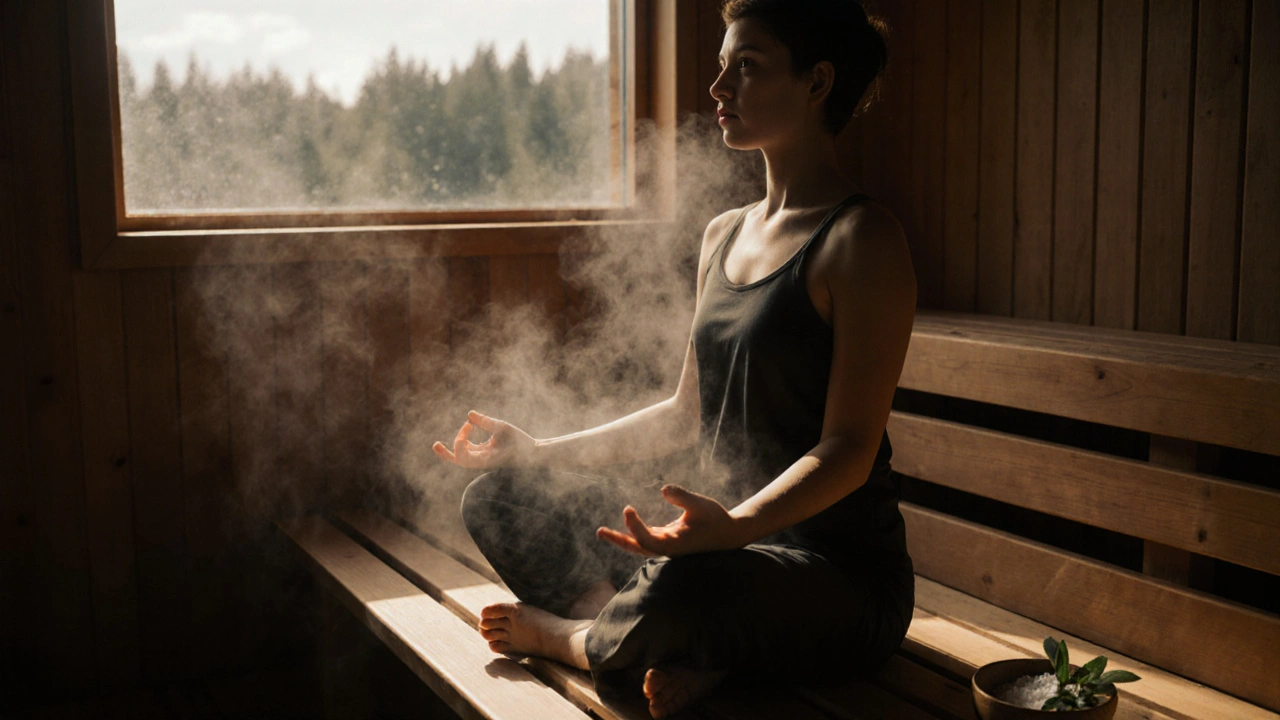 Osoba medituje v sauně, pára stoupá kolem ní, přírodní prostředí a klidná atmosféra.