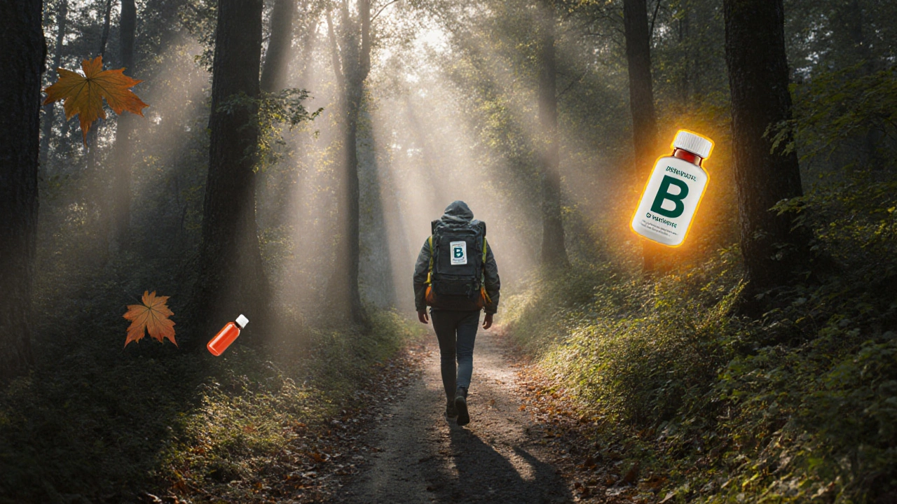 Osoba prochází mlhavým lesem, na jedné straně únavu, na druhé obnovu.