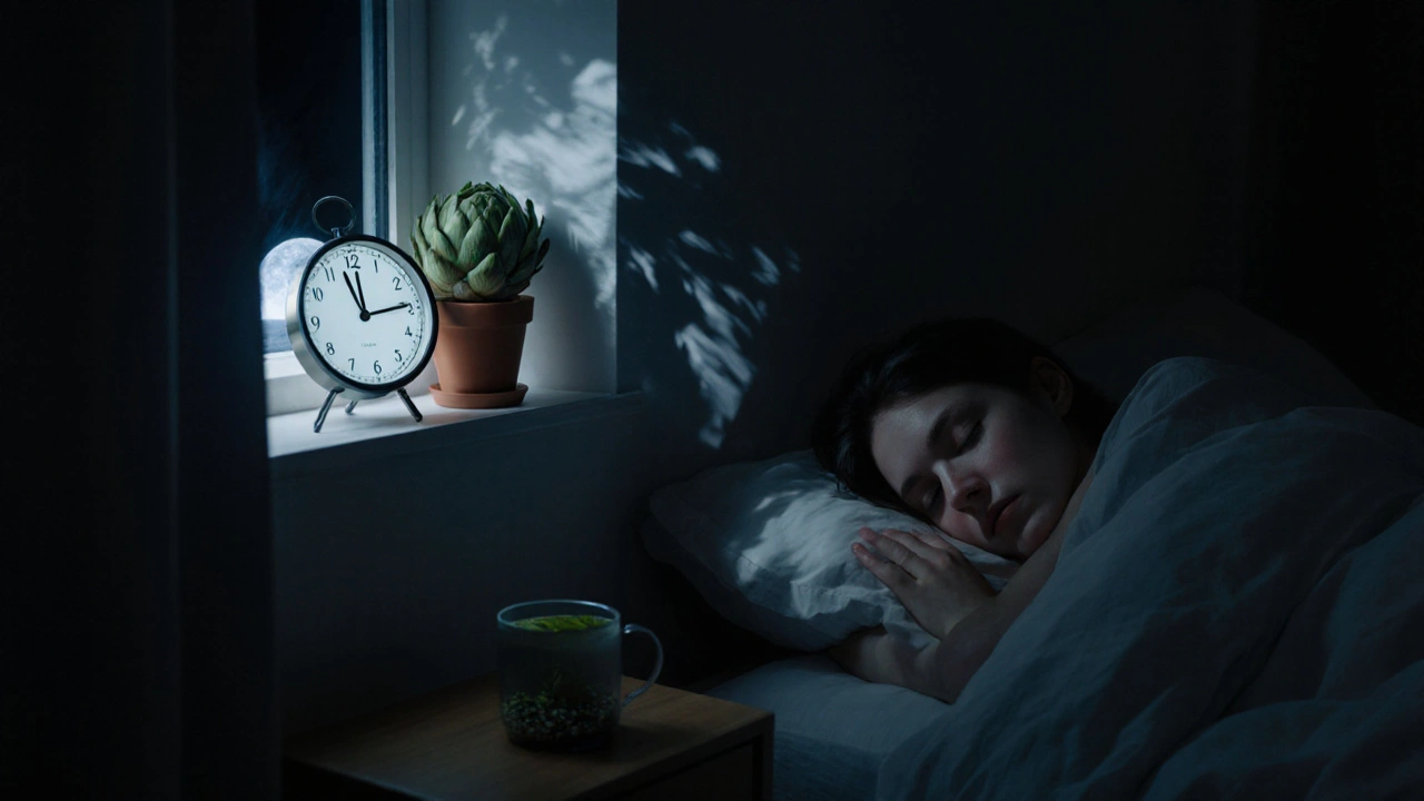 Osoba spí v klidné místnosti v 2:00 ráno, podporující přirozené čištění jater