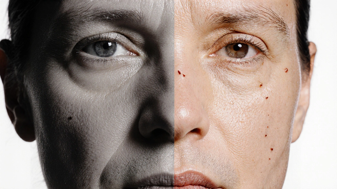 Porovnání staré a zdravé pleti po 12 týdnech používání přírodních olejů.