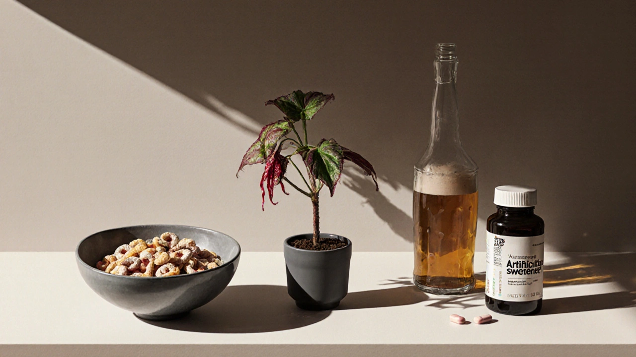 Potraviny a léky ničící střevní mikroflóru na stole