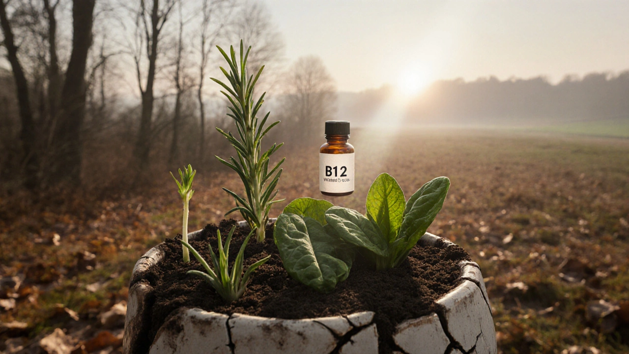 Prasklá váza s vyschlými rostlinami, ze kterých vyrůstají čerstvé bylinky.