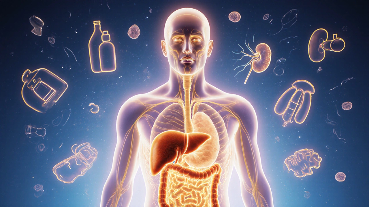 Průhledný obraz těla s orgány, které detoksifikují toxiny, kolem nichž jsou odstraňovány chemikálie.