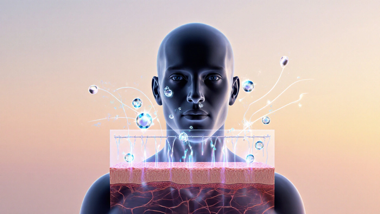 Průřez kůže s aktivními látkami hydratujícími pokožku.