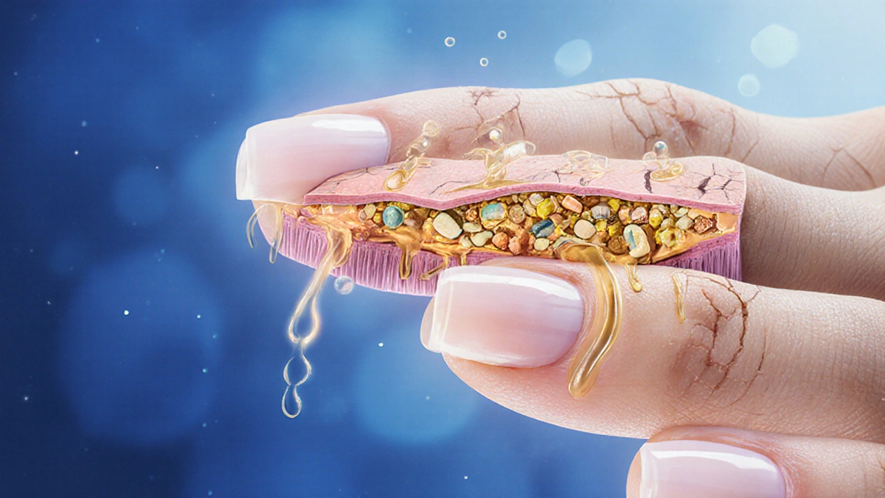 Průřez nehtové matrice s proudy živin napájejících růst nehtu