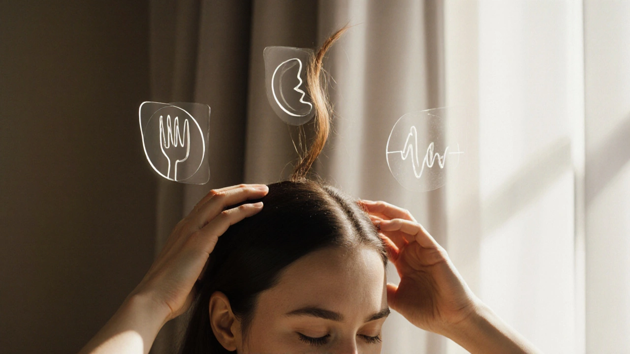 Ruce masírující hlavu, s vláskem visícím ve vzduchu a symbolem stravy, spánku a oběhu.