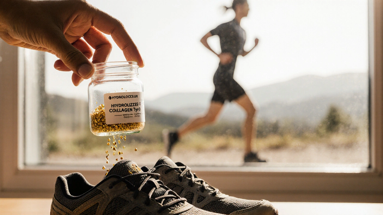 Ruka drží skleničku s hydrolyzovaným kolagenem, z ní vyzařují zlaté částice směrem k běžeckým tenisům na pozadí.