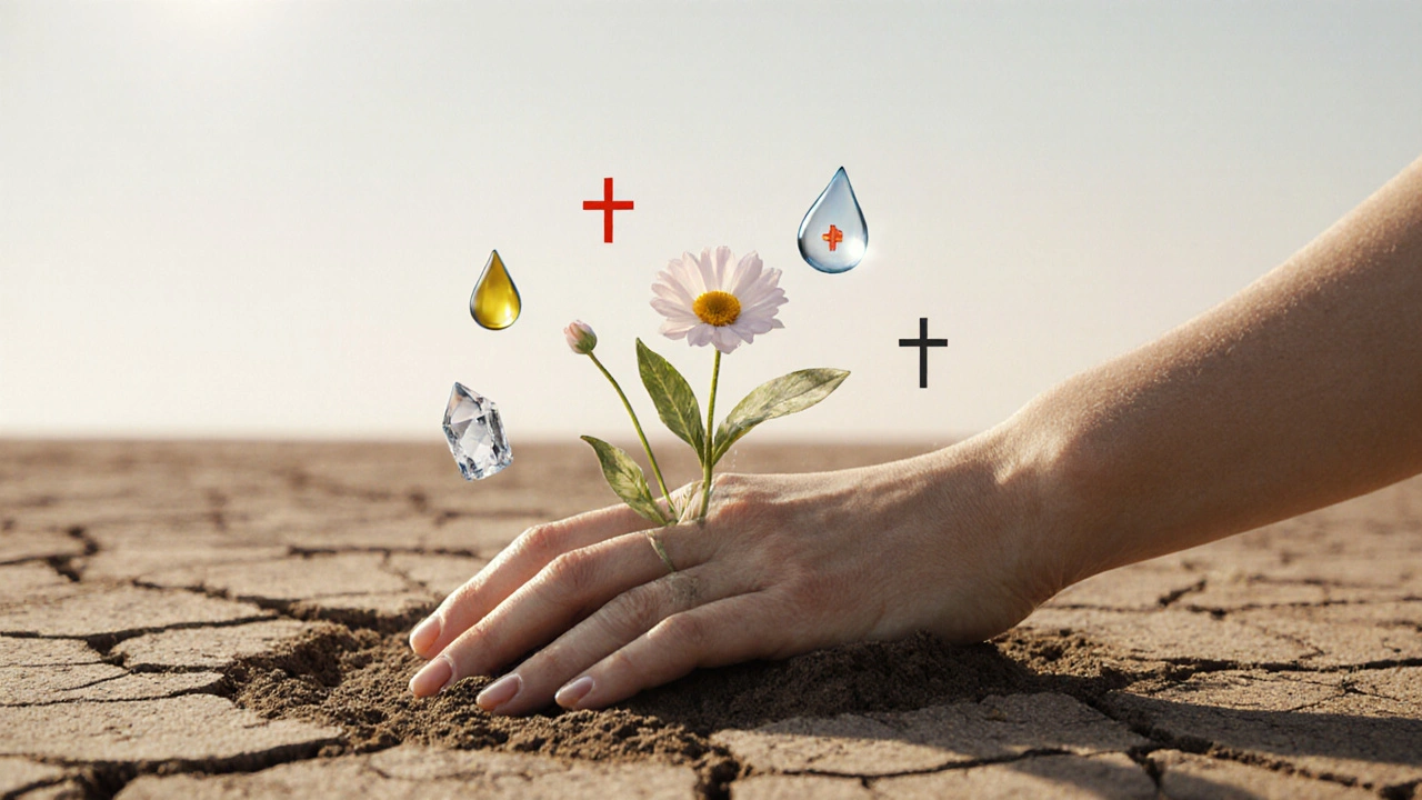 Ruka rostoucí z suché země s krásnými nehty jako květy, symbolizující péči a obnovu.