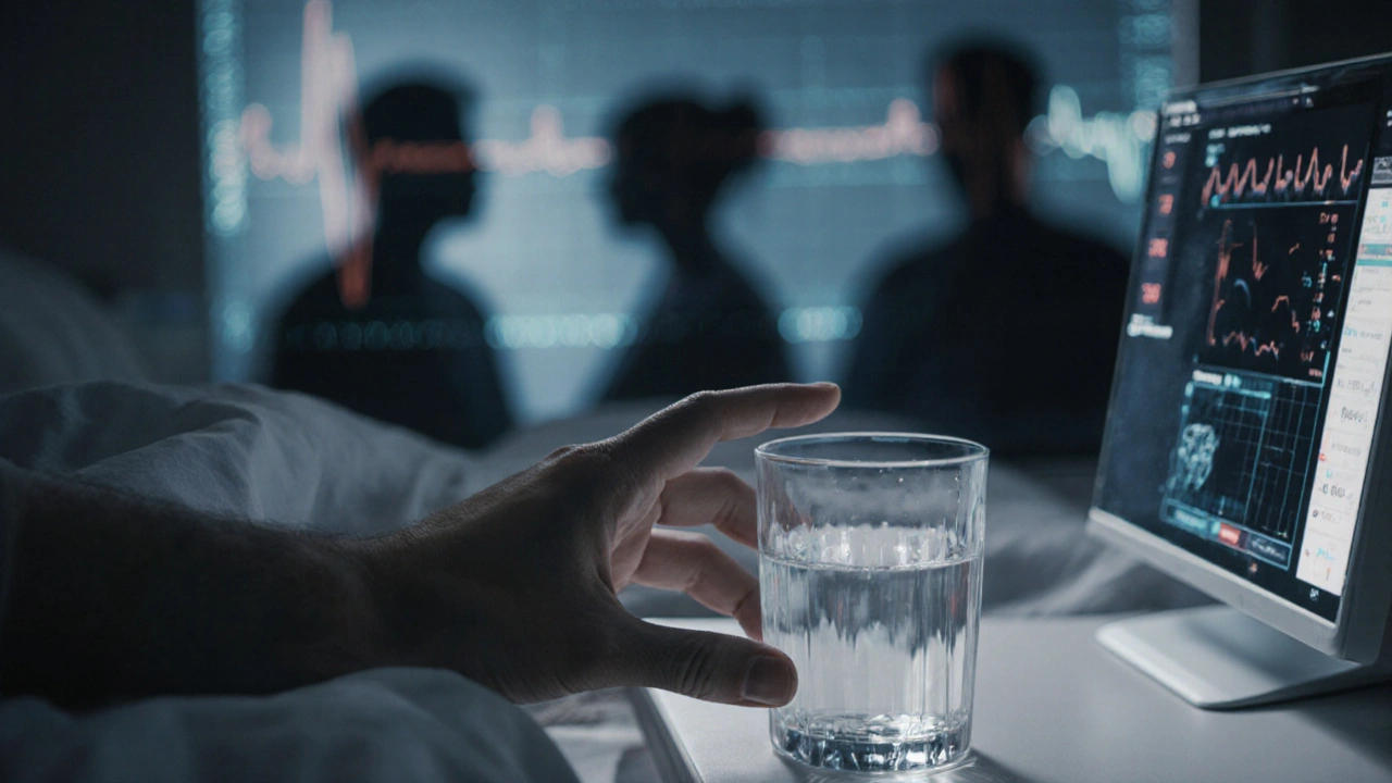 Ruka táhnoucí k sklenici vody v nemocnici, za níž se objevují stíny dřívějšího pití a lékařské přístroje.