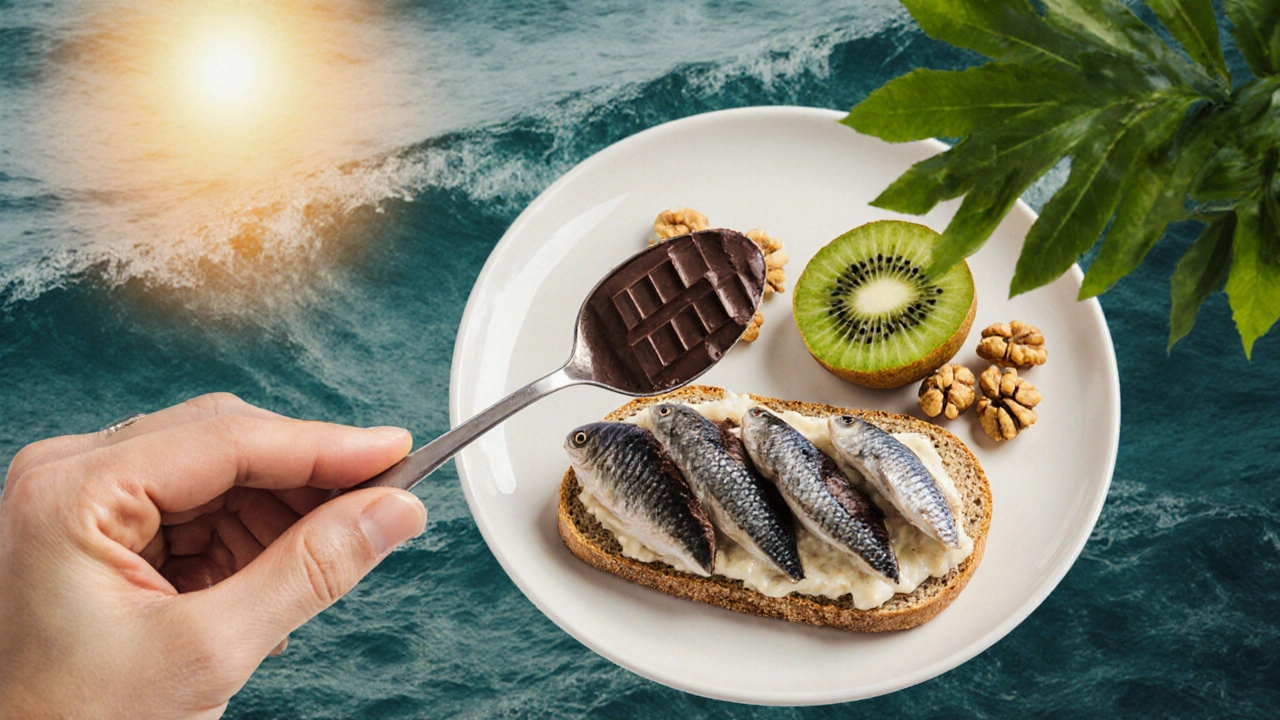 Sardinky na celozrnném chlebě s tmavou čokoládou, kiwi a vlašskými oříšky.