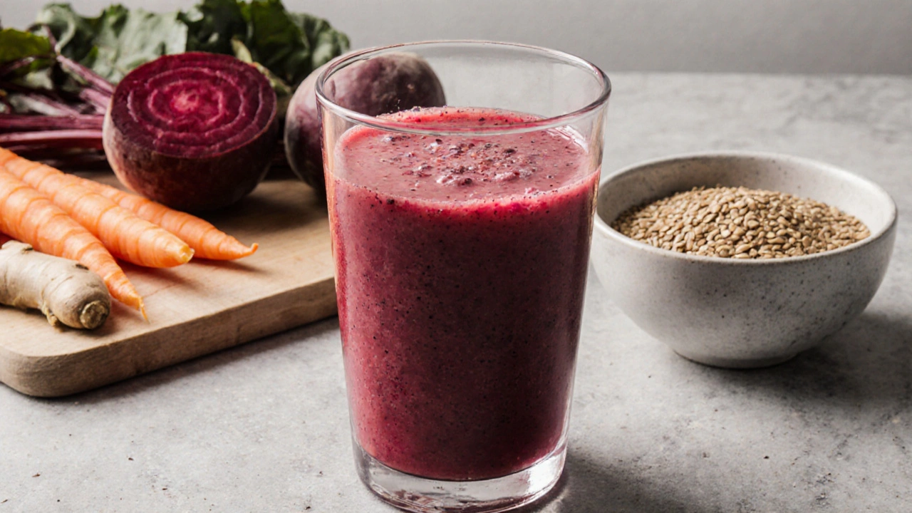 Šťáva z řepy, mrkve a zázvoru v sklenici s přírodními surovinami vedle.