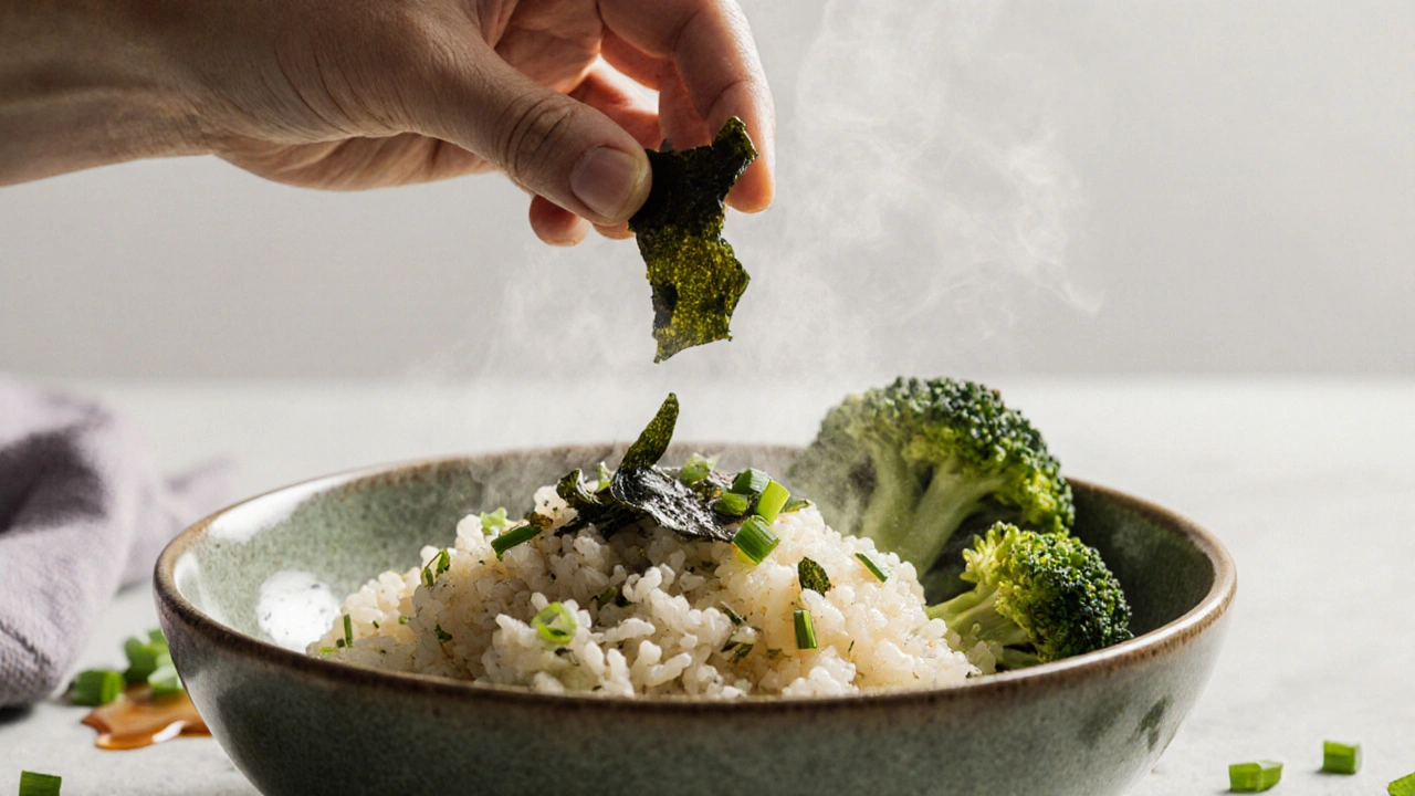 Sušené mořské řasy rozsypané nad květákovou rýží s brokolicí.