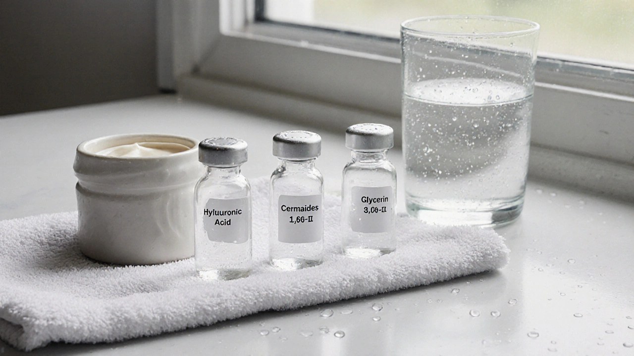 Tři klíčové hydratační látky v lahvičkách s krémem a sklenicí vody na vlhkém ručníku.