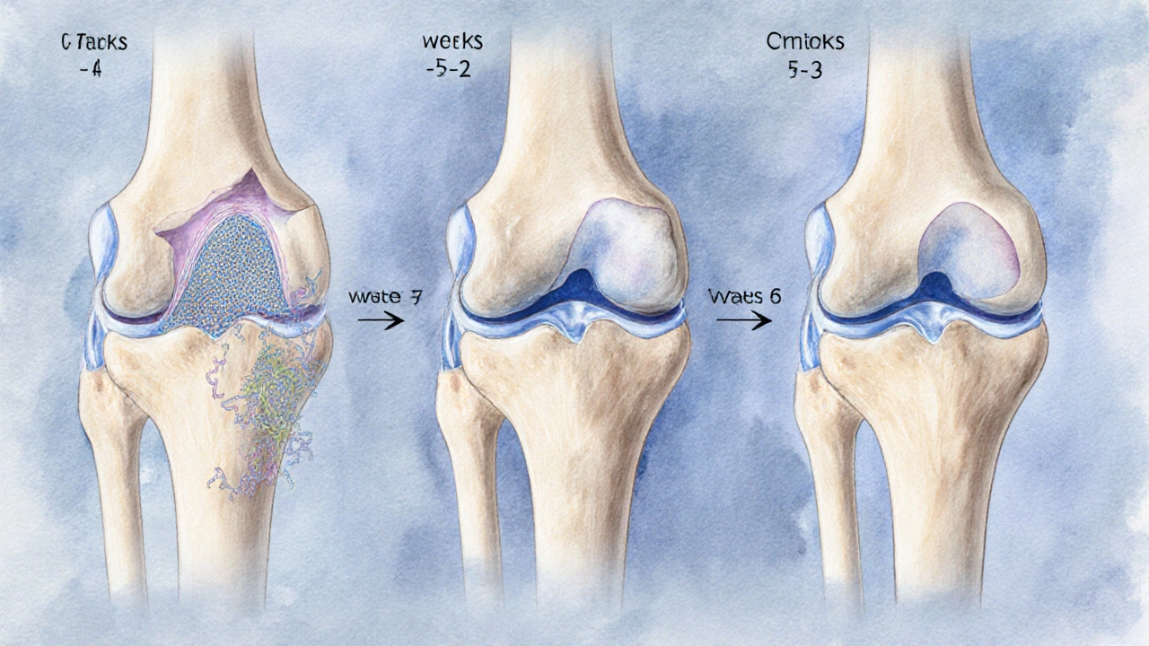 Umělecké znázornění tří fází regenerace chrupavky v kloubu: od klidu přes růst kolagenu až k obnově tkáně.