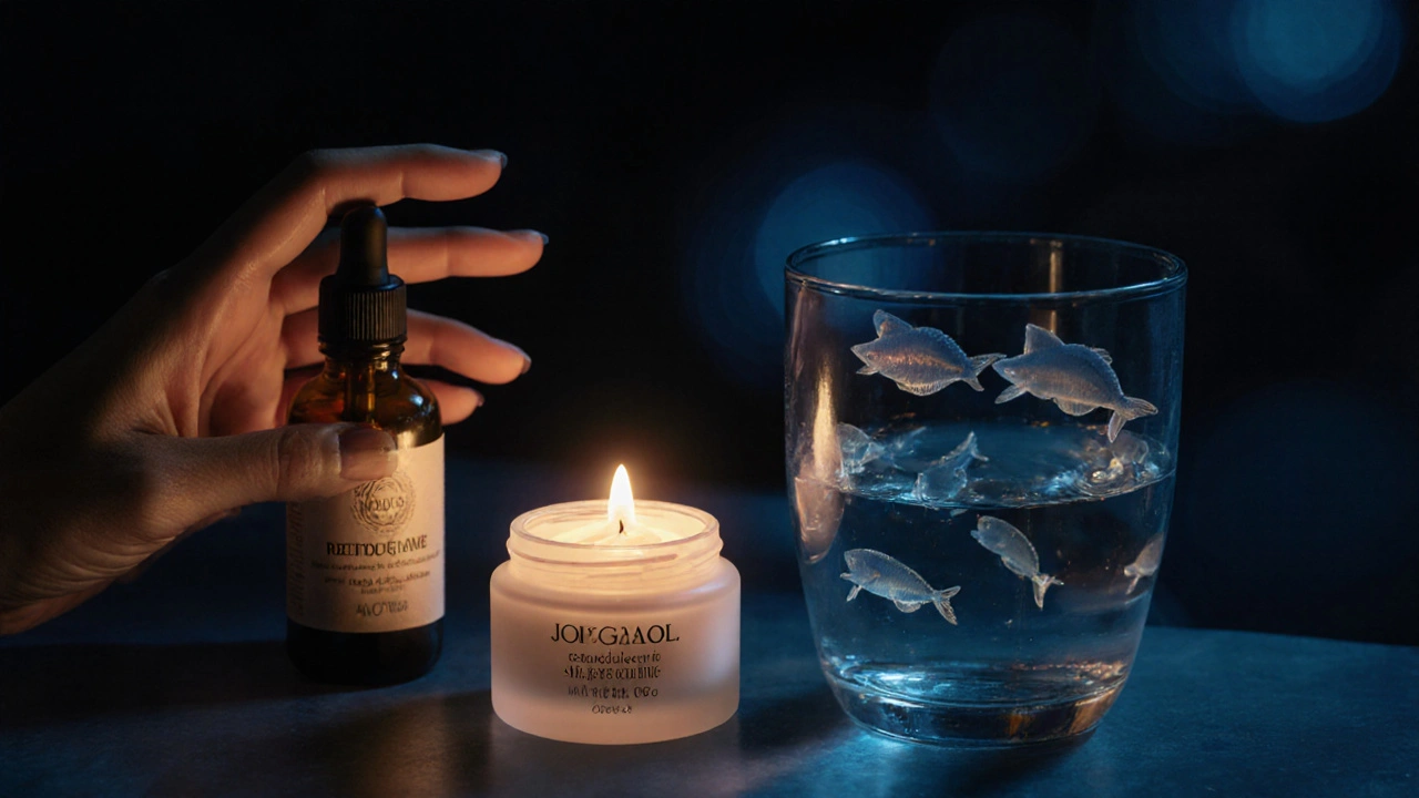 Večerní péče o kůži s retinolem, olejem a vodou symbolizující vnitřní hydrataci.