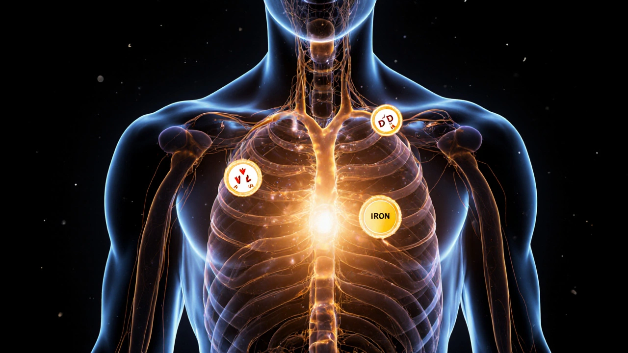 Vnitřní schematický pohled na tělo s vitamíny B12, D a železem energizujícími buňky.